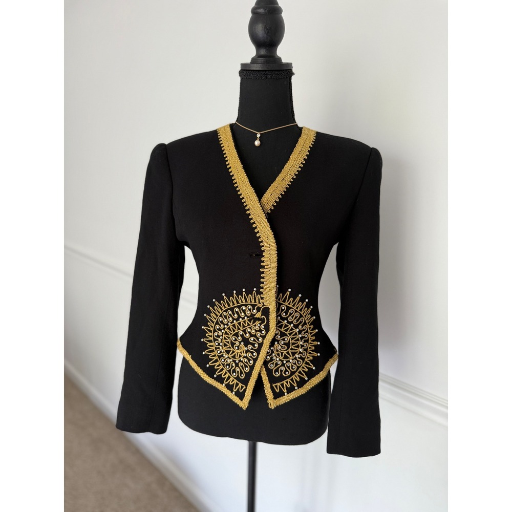 Vintage 80s David Hayes Black Gold embellished blazer Women S suit jacket rare‎
